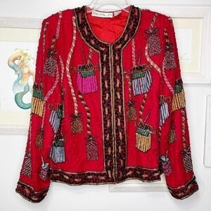 SCALA Vintage Silk Beaded Christmas Presents Blazer Size Large